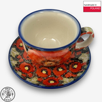 【SOLO Vintage】Cerraf Polish Pottery 200ml Coffee Cup + Saucer Set Crimson Sunset Floral Whisper Series Made in Poland, , large