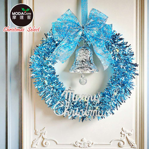 摩達客14吋夢幻土耳其藍系金蔥彎絲聖誕花圈_台灣工藝免組裝_本島免運費