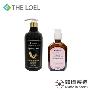 〔得來亞〕呵護秀髮體驗2件組-THE LOEL紅蔘摩洛哥堅果油 / 魚腥草黑豆精華洗髮乳500ml+摩洛哥護髮油100ml (附按壓式頭 )