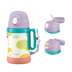 【日本孔雀Peacock】耐衝擊底座 直飲+吸管兩用 兒童不鏽鋼保溫杯水壺490ML(握把+背帶)-紫, , large