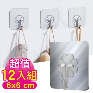 【G+居家】12片 髮絲紋無痕貼掛勾6x6cm(花朵造型掛架/勾環/鉤環/不鏽鋼掛鉤)