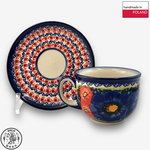 【SOLO Vintage】Cerraf Polish Pottery 200ml Coffee Cup + Saucer Set Red and Blue Blossoming Elegance Series Made in Poland, , large