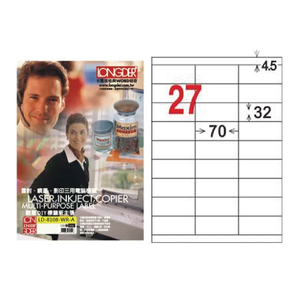 【龍德】LONGDER 三用電腦標籤 A4 27格 32*70mm可再貼105張 3盒/組 LD-8108-WR-A(適用雷射、噴墨、影印)