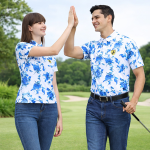 【FALALI】Short-sleeved cooling polo shirt - Men's (blue flower) 