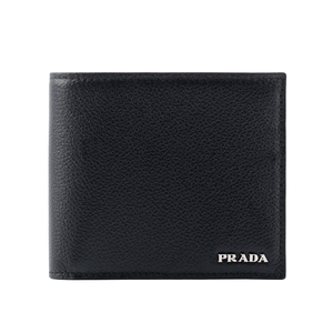 PRADA 銀字Logo 粒紋牛皮內拼色對開8卡短夾/黑色/深藍色