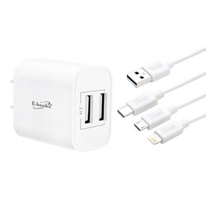 E-BOOKS B66 Dual-Port USB Fast Charger + Free 3-in-1 Charging Cable Supports simultaneous charging of multiple devices