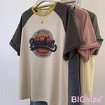 大尺碼-印花 插肩 圓領T恤-深灰/粉-0101143, , large