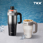 【TKK】T-One 彈蓋冰壩杯 316不鏽鋼x陶瓷噴塗 直飲+吸管 保冰保溫 運動隨身杯 1200ML(握把式)-冰川銀, , large