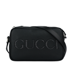 GUCCI 縫線Logo 素面皮革拉鍊迷你相機包/黑色, , large