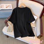 大尺碼-蝴蝶結 印花 圓領T恤-黑-0101146, , large