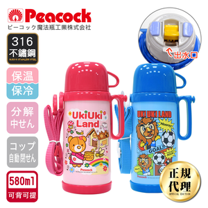 【日本孔雀Peacock】日系兒童隨身316不鏽鋼保冷保溫杯水壺580ML(握把+背帶設計)-桃紅小熊