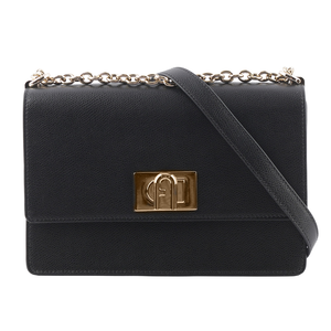 FURLA 1927 拱門轉釦小款翻蓋鏈帶二用包/黑色