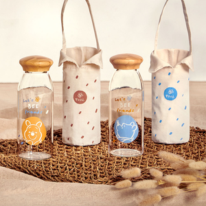 Disney迪士尼 維尼日和 竹蓋小玻璃瓶提袋組500ml