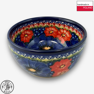 【SOLO Vintage】Cerraf Polish Pottery 13cm Rice Bowl Red and Blue Blossoming Elegance Series Made in Poland