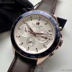 [星晴錶業]TommyHilfiger手錶,46mm,TH00053銀白錶面寶藍錶殼咖啡色真皮皮革錶帶款, , large