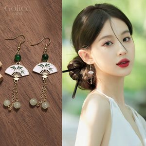【Gulicc】古莉可 耳環 玉石流蘇扇 中式墜式耳環