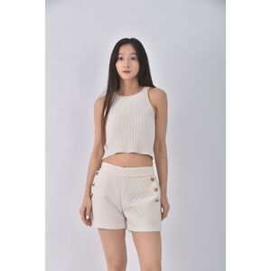 (S) 高腰質感格紋杏色短褲二手衣