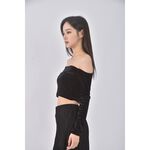 (S) 【智恩私服】qianhan質感修身短版一字領黑色長袖上衣二手衣, , large
