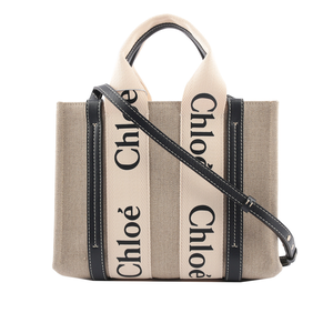 CHLOE' Woody 帆布拼牛皮手提/斜背二用托特包/小/藍色