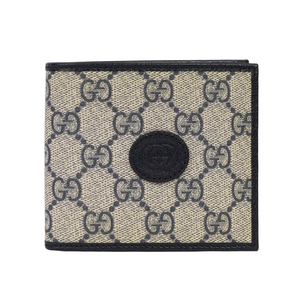 GUCCI Interlocking G Logo 對開8卡短夾/米色/黑藍色