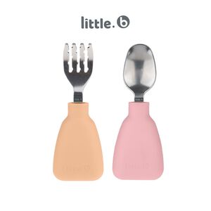 【美國 little.b】316不鏽鋼 小寶石湯叉組II-小甜心(橘+粉) 湯匙 叉子 學習餐具 手握訓練 兒童餐具