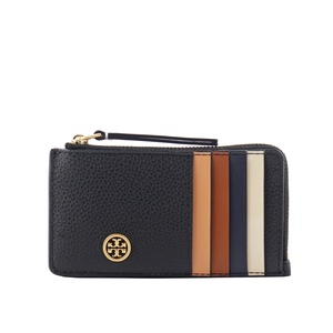 Tory Burch Robinson 荔枝皮革拼色多功能拉鍊卡片夾/黑色
