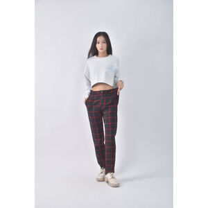(XL) style in side高腰質感格紋紅色長褲二手衣