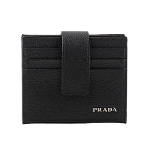 PRADA 銀字Logo 粒紋牛皮釦式二折卡片夾/名片夾/黑色