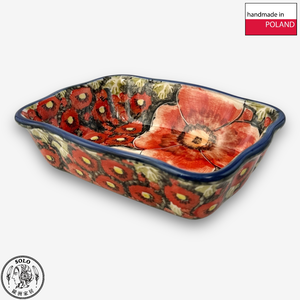【SOLO Vintage】Cerraf Polish Pottery 18.5cm Baking Pan Dish Crimson Sunset Floral Whisper Series Made in Poland
