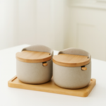 【上手家居】陶瓷竹木蓋調味罐 2罐組 2罐+2勺+底座(調味料罐/鹽罐/調料罐/調味盒), , large