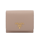 PRADA 三角牌LOGO水波紋皮革暗釦三折短夾/藕粉色, , large