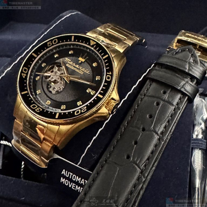 [星晴錶業]MASERATI手錶,44mm,R8823140003黑色雙面機械鏤空錶面金色錶殼金色精鋼錶帶款