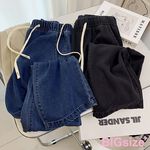 大尺碼-鬆緊褲頭 高腰 寬腿 牛仔褲-32深藍-0103091, , large