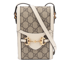 GUCCI Horsebit 1955 GG Supreme帆布手機斜背包/白色