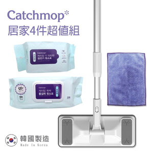 〔得來亞〕Catchmop 輕巧平板拖把居家4件超值組 (1桿+1布+30乾巾+30濕巾) / 清潔拖地不費力