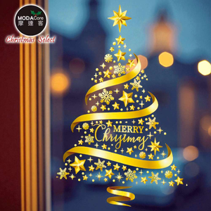 摩達客耶誕-金色5號緞帶聖誕樹-無痕窗貼玻璃靜電貼窗貼
