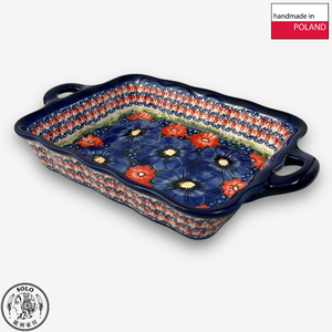 【SOLO Vintage】Cerraf Polish Pottery 30.5cm Baking Pan Dish Red and Blue Blossoming Elegance Series Made in Poland