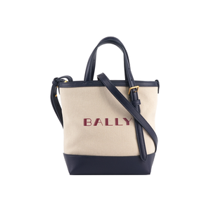 Bally 紅字燙印帆布及小牛皮迷你托特包/自然色/深孔雀綠