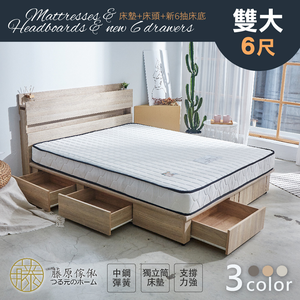 台灣製【藤原傢俬】全木芯板新6抽3件式房間組(新6抽床底+2層床頭+3M防潑水獨立筒-偏軟)