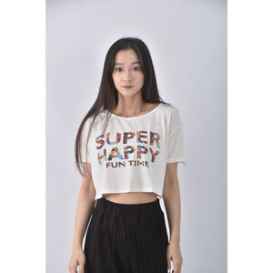 (XL) 修身短版字母白色短袖上衣二手衣