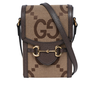 GUCCI Horsebit 1955 Jumbo GG 標誌緹花手機斜背包/棕色