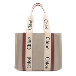 CHLOE' Woody 亞麻帆布拼牛皮托特包/中款/焦糖色, , large