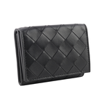BOTTEGA VENETA 經典小羊皮及小牛皮編織迷你雙釦三折短夾/黑色, , large