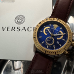 [星晴錶業]VERSACE手錶,46mm,VS11331寶藍色錶面金色錶殼咖啡色真皮皮革錶帶款, , large