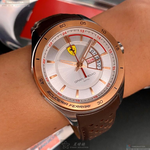 [星晴錶業]FERRARI手錶,46mm,FE00066白色錶面玫瑰金錶殼咖啡色真皮皮革錶帶款, , large