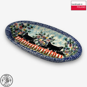 【SOLO Vintage】Cerraf Polish Pottery 19cm Oval Plate Black Cat Garden Series Made in Poland