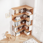 [Lele] L-shaped corner minimalist and practical bookshelf, two-tone natural wood + white, 5 shelves, 90x60 cm (solid wood bookshelf, shelf, storage rack), , large