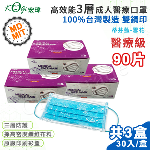 【宏瑋】台灣製 MD+MIT 雙鋼印 高效能三層不織布 醫療級 醫用成人口罩 90入(蒂芬藍-雪花)