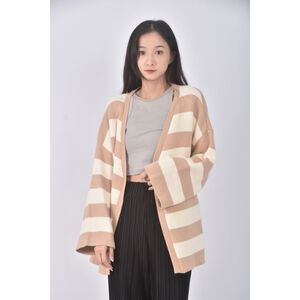 (F) 質感條紋杏色罩衫二手衣