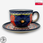 【SOLO Vintage】Cerraf Polish Pottery 200ml Coffee Cup + Saucer Set Red and Blue Blossoming Elegance Series Made in Poland, , large